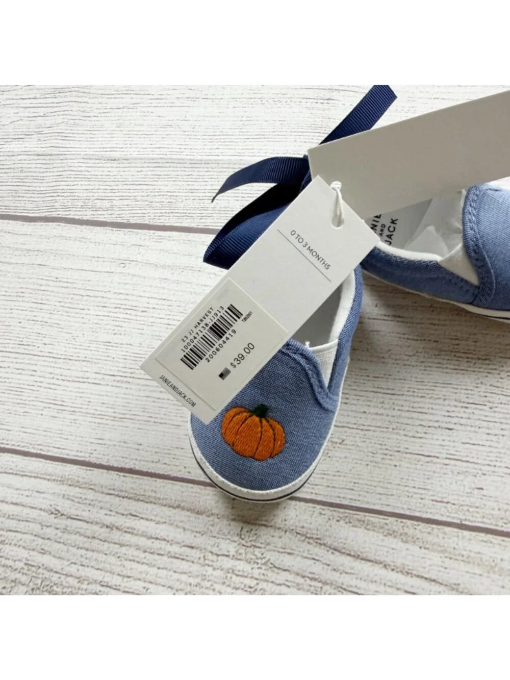 Janie And Jack Pumpkin Embroidered Blue Slip On Baby Shoes NWT 0-3 Months